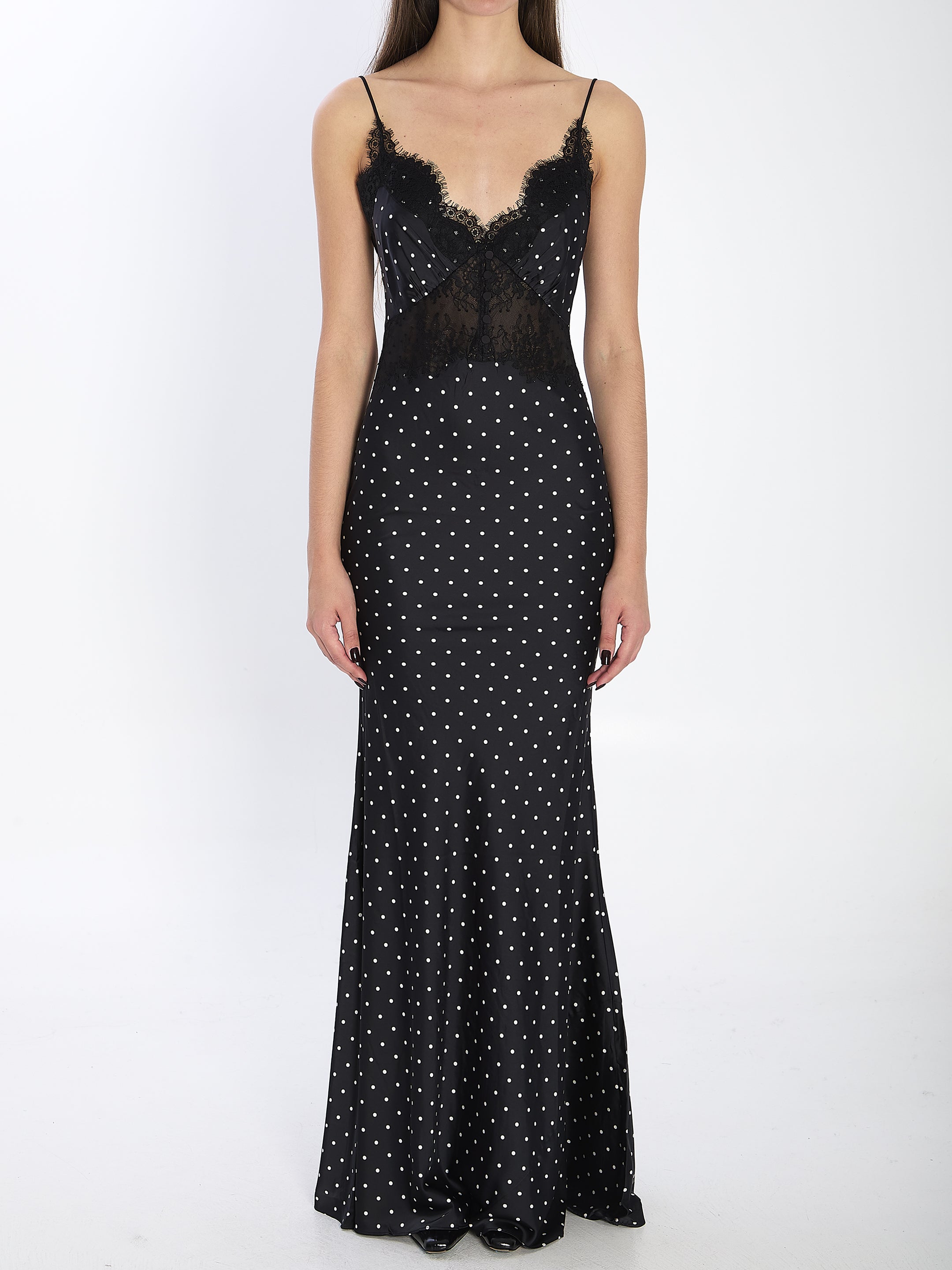 SELF PORTRAIT 10 polka dot satin lace maxi dress