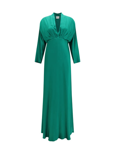 silk satin long dress with royal v-neck