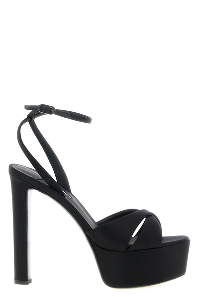 the le silla odette sandals in fine black satin define a sculptural and imposi