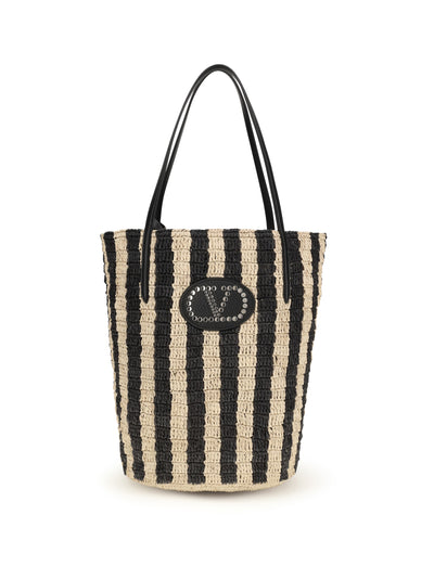 striped raffia bucket bag