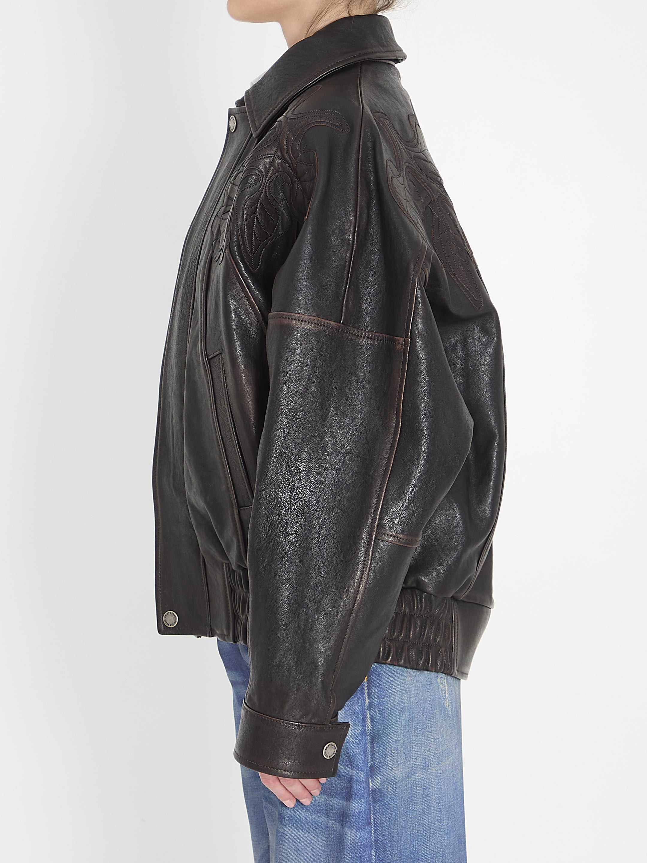 GOLDEN GOOSE 40 leather bomber jacket with floral embroidery