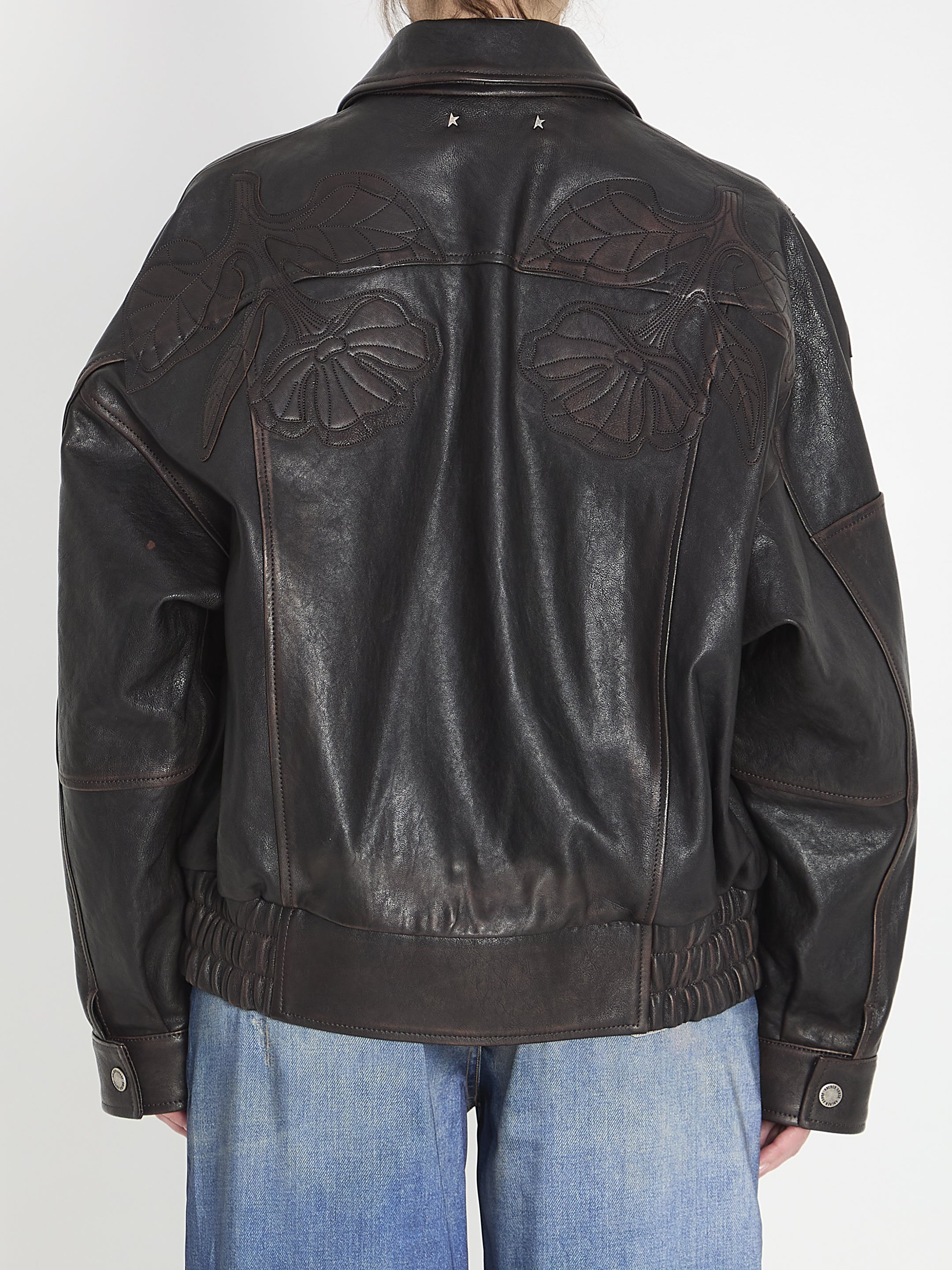 GOLDEN GOOSE 40 leather bomber jacket with floral embroidery
