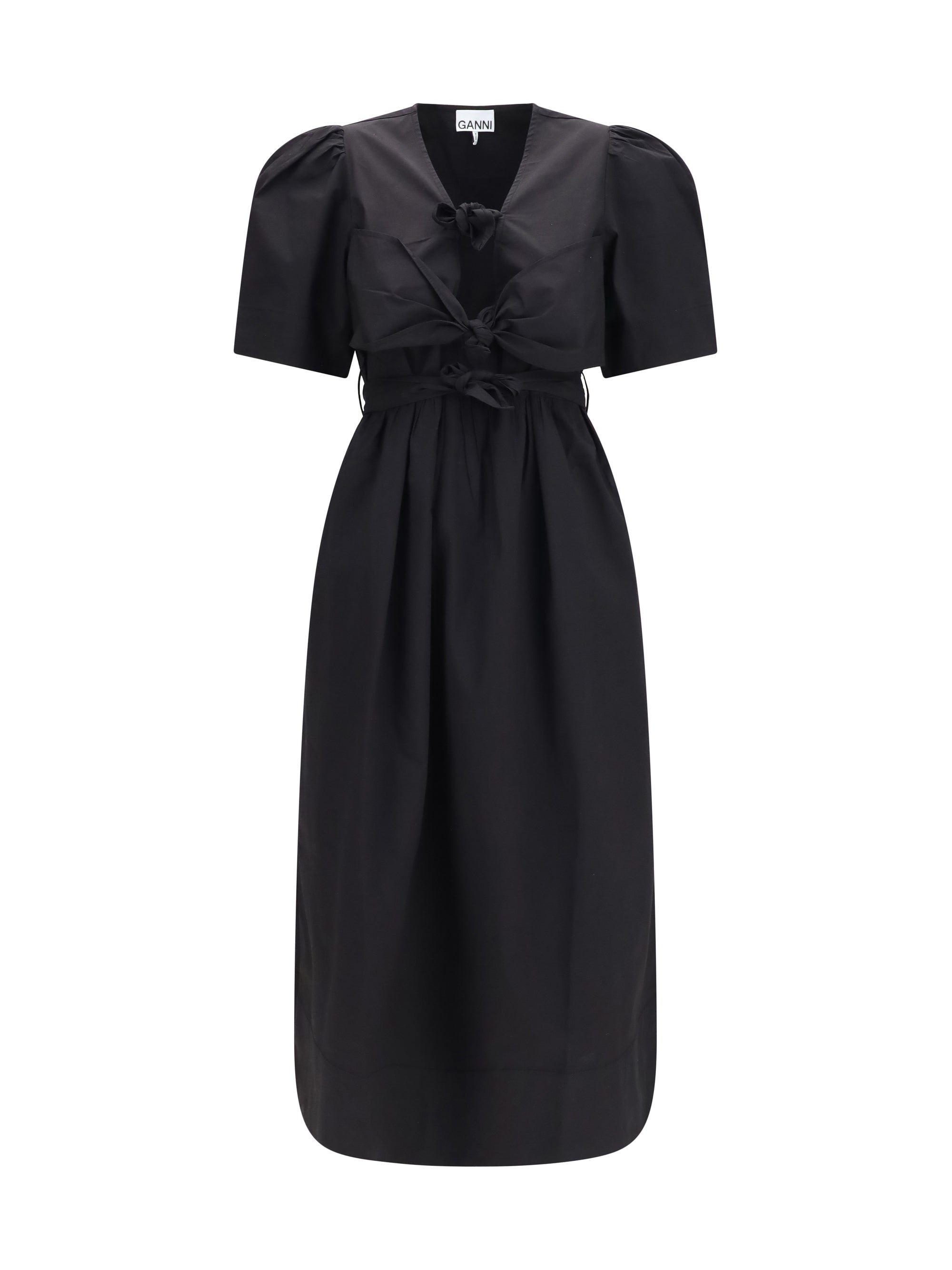 Ganni Midi Dress With Bows And Puff Shoulders | Modecraze  MODECRAZE