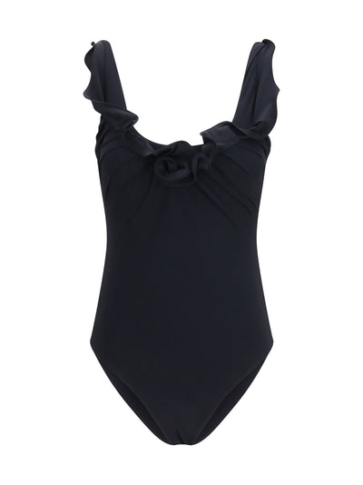 one-piece swimsuit with floral details