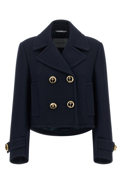 the balenciaga peacoat cropped in navy structured wool reinterprets the codes of