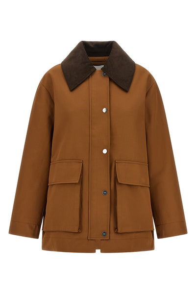 the ganni jacket reinterprets the workwear aesthetic through sartorial volumes a