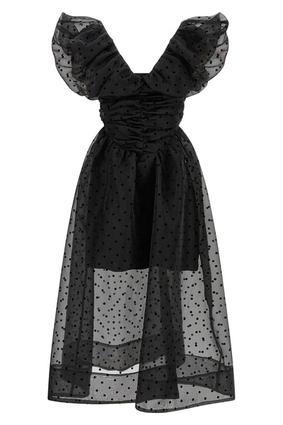 black organza ruched midi dress in semi-transparent polka dot organza