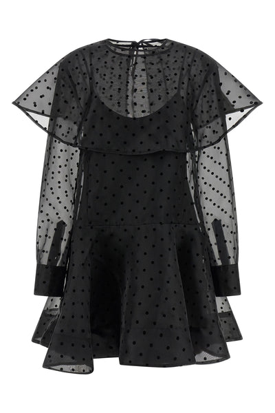 black organza circle collar minidress in semi-transparent polka dot organza