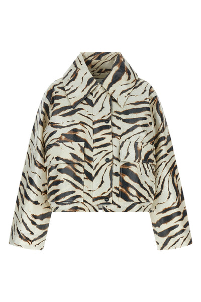 zebra graphic print laminated fabric jacket