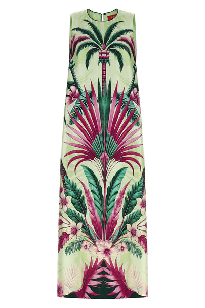 long penelope dress in palm bouquet print silk twill
