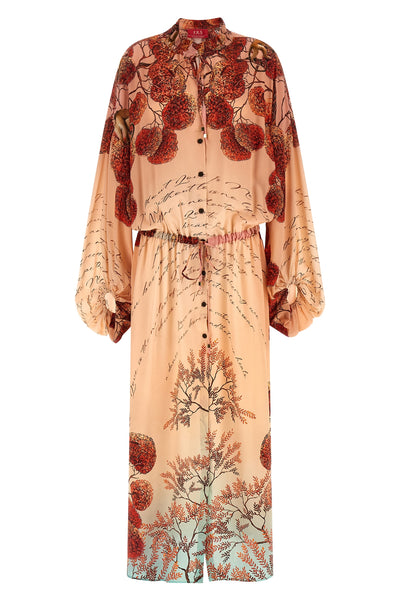 cenide long dress in contemplating love pink print silk crêpe