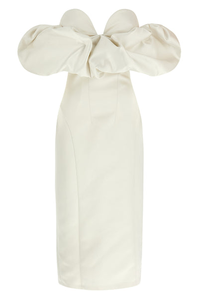 off-the-shoulder satin sheath dress