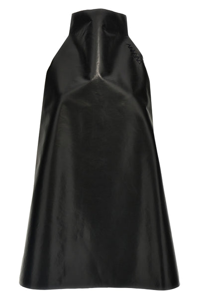 two-tone trapeze dress in black coated nylon and brown nylon