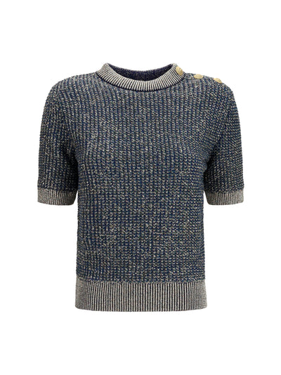 short-sleeve sequined sweater with buttons