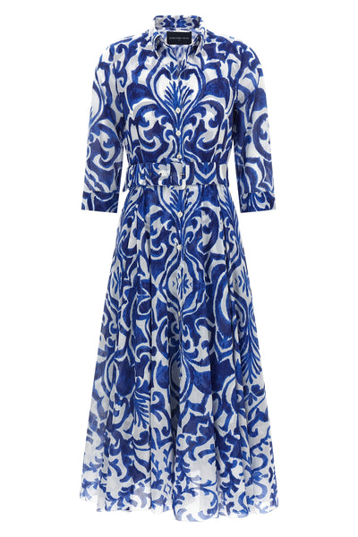 all over maiolica blue tile aster cotton muslin midi dress