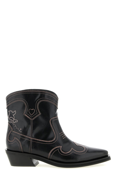 low shaft embroidered western ankle boots in leather-effect fabric