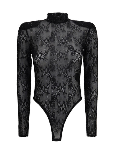 long-sleeve lace and rhinestone bodysuit