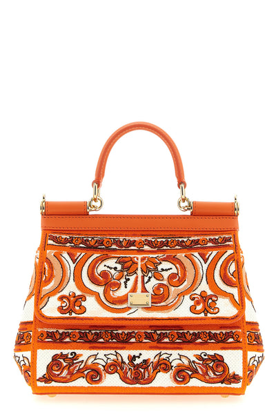 small sicily handbag in maiolica print brocade fabric and tone-on-tone leath
