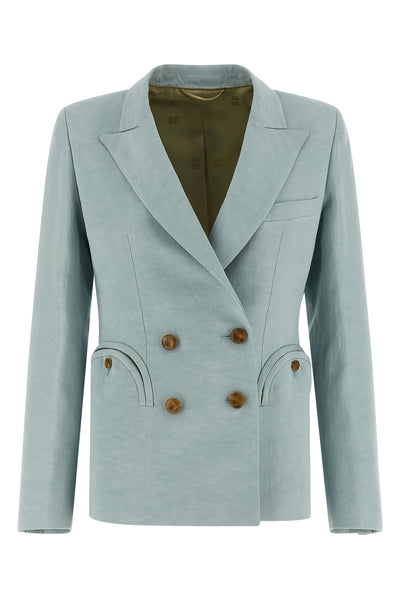 zenith charmer double-breasted hourglass blazer in silk and linen