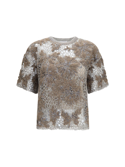 crew-neck top with floral embroidery and sequins