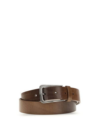 carved leather belt with shimmering buckle