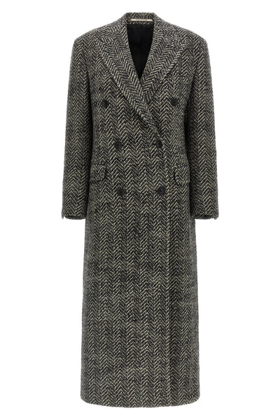 extra long caitlyn double-breasted bouclé wool bouclé herringbone coat