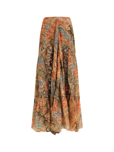 silk long skirt with flounce and paisley motif