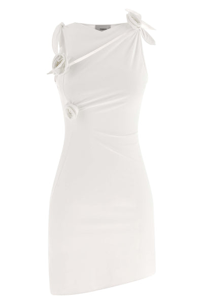 asymmetric flower sleeveless minidress in stretch fabric