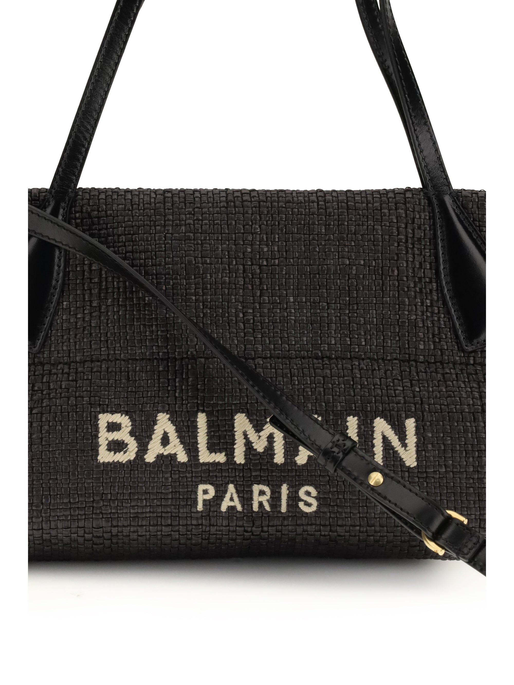 BALMAIN OS calfskin and raffia track shoulder bag