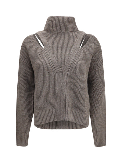 high-neck sweater with perforated shoulders