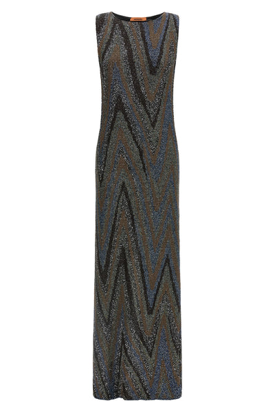 the long missoni dress is distinguished by a column silhouette defined by slippe