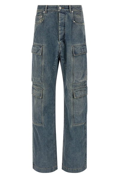 double cargo used-effect stone-washed cotton denim jeans
