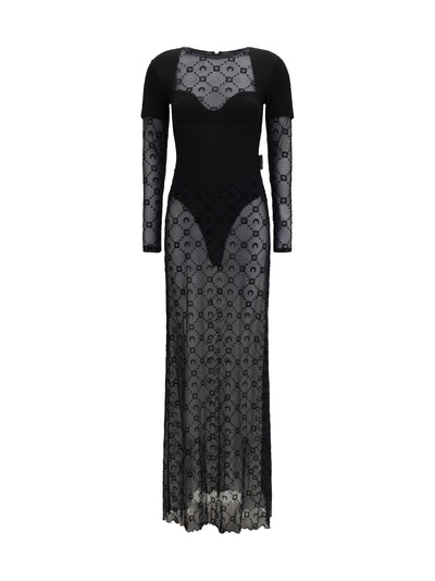 layered long dress in jersey and mesh