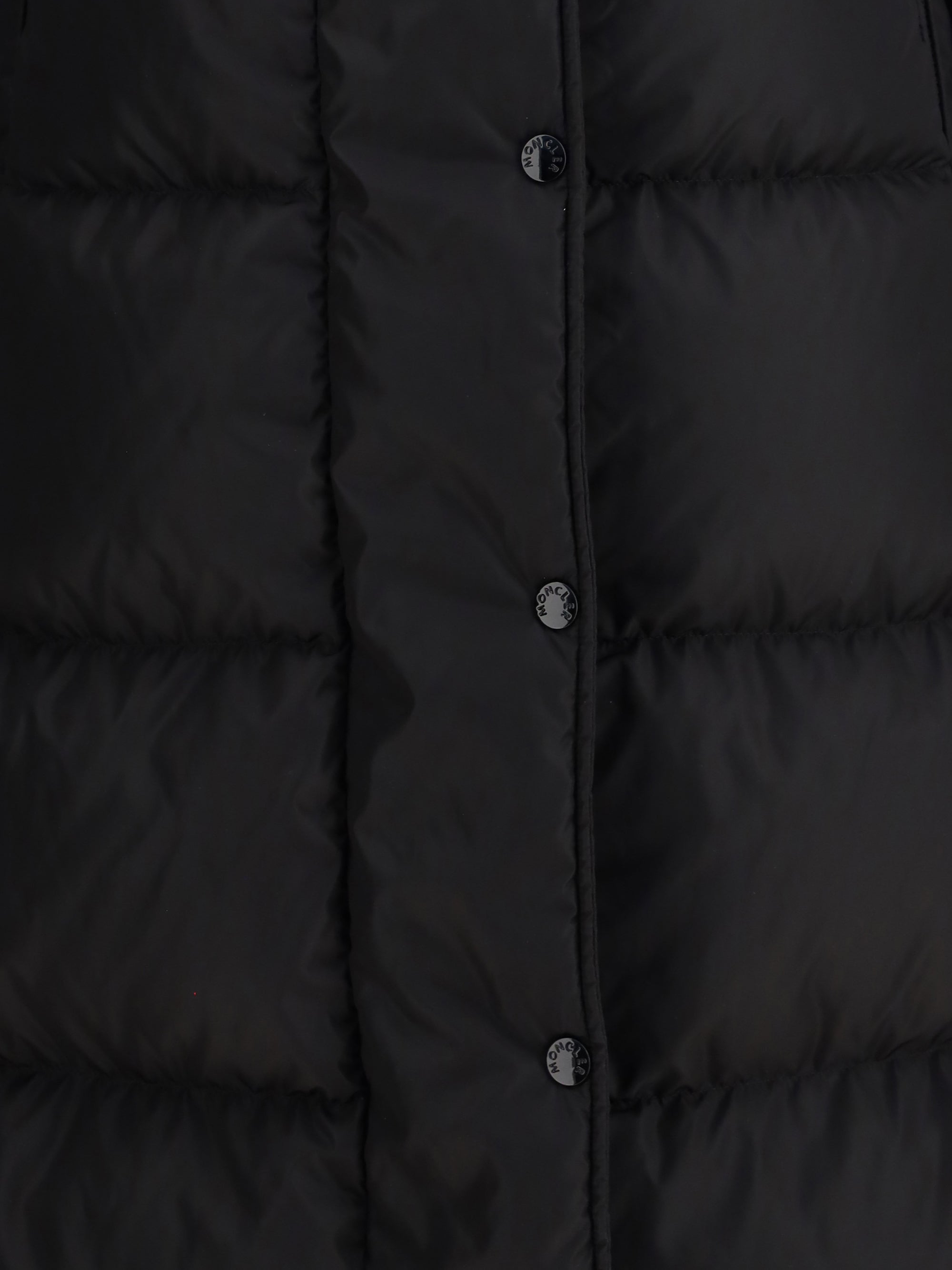 MONCLER 0 the long down jacket with hood and wool trims