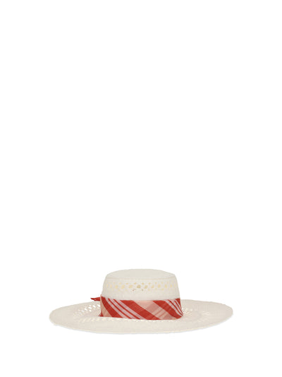 wide-brim hat with vichy print silk scarf