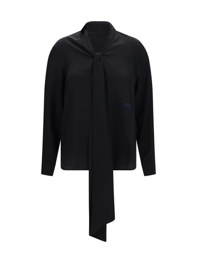 silk blouse with embroidered logo and scarf detail