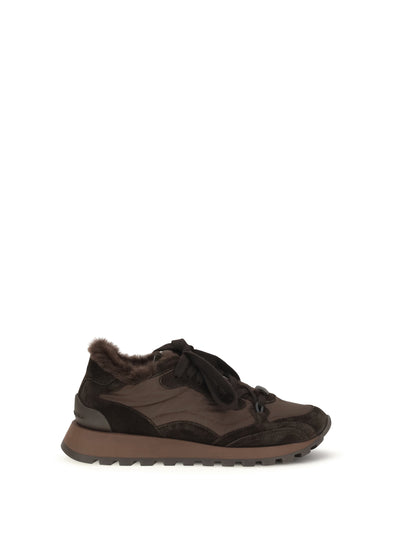 suede and techno fabric sneakers with shearling lining and monile