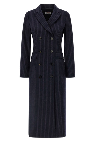 double-breasted long coat in cool pinstriped wool