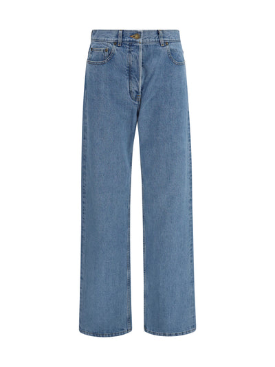 straight-leg selvedge cotton jeans with adjustable back strap