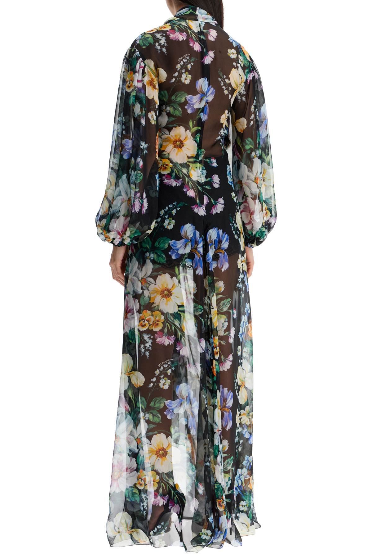long black silk dress with floral pattern