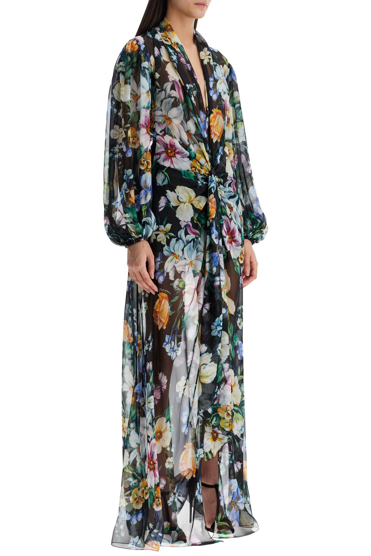 long black silk dress with floral pattern