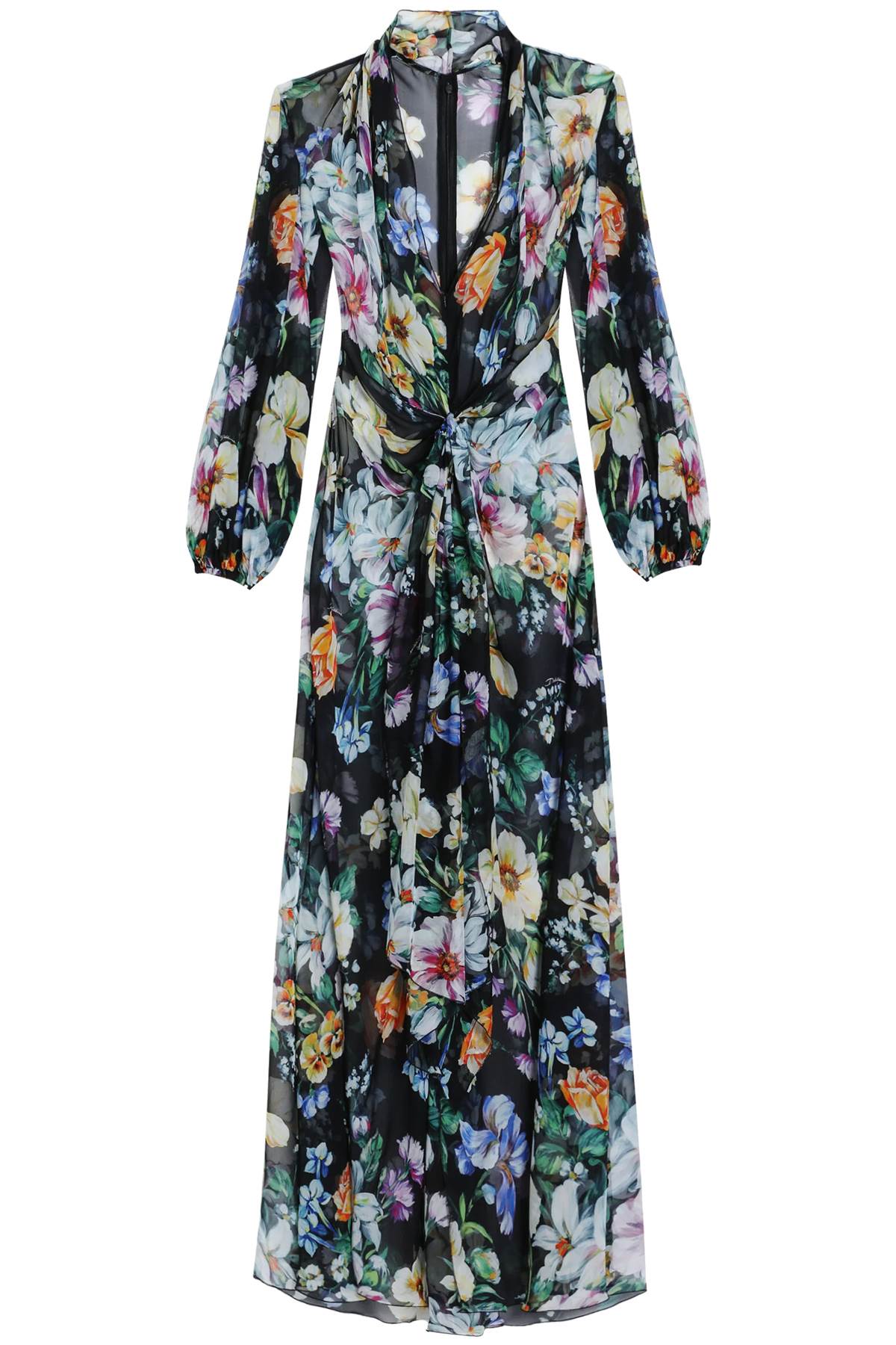 long black silk dress with floral pattern