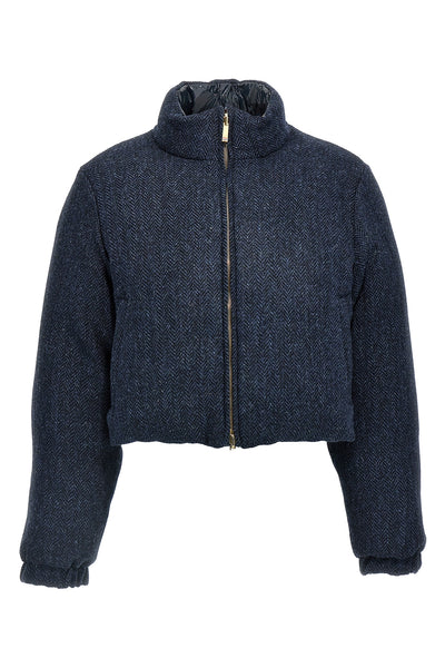 reversible down jacket in herringbone harris tweed wool and shiny nylon