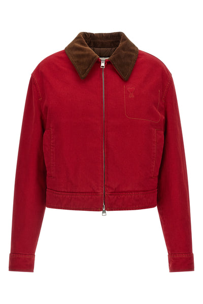 the ami paris jacket defines a cropped silhouette through a rigorous ruby red co