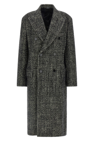 two-breasted long coat in wool and cashmere bouclé
