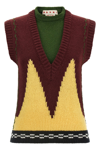 the marni vest in pure wool is distinguished by a complex trompe loeil construc