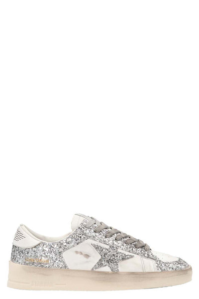 stardan lace-up silver leather and glitter sneakers