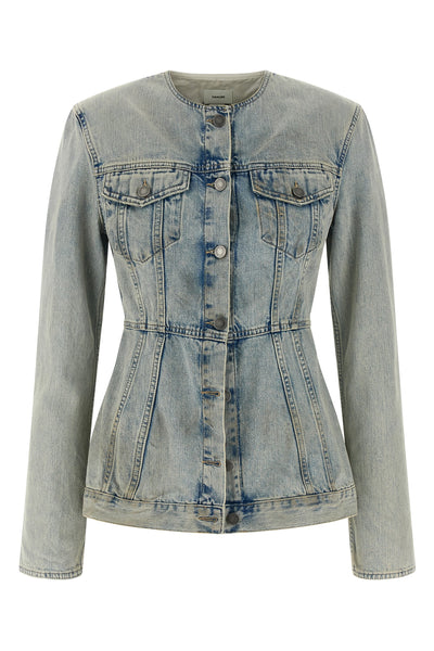 temple unlined jacket in used-effect stone washed cotton denim