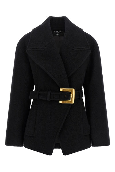 the balmain caban in black bouclette virgin wool blend is distinguished by a scr