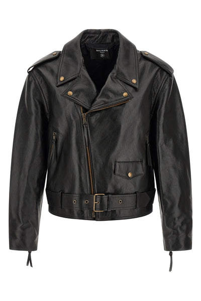 balmains biker jacket in black textured cowhide leather defines the codes of st